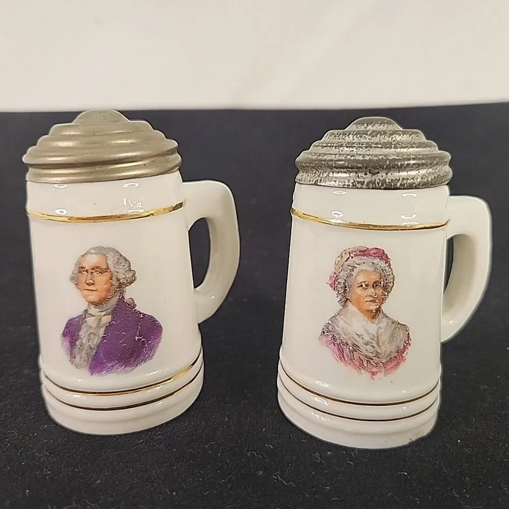 Salt & Pepper Shakers Metal Lid George & Martha Washington Colonial Stein Design